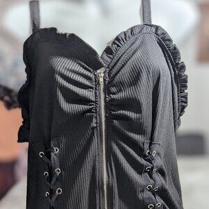 Black XL Top Zipper Front, Lace-ups, Lace Trim